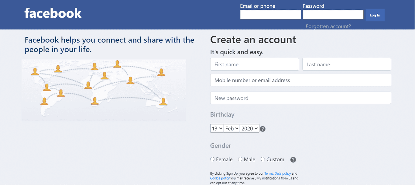Facebook SignUp page